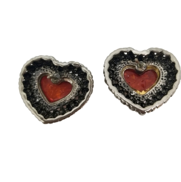 VINTAGE CHUNKY SILVERTONE & SHIMMERY AMBER COLOR CABACHON HEART EARRINGS - Picture 5 of 5